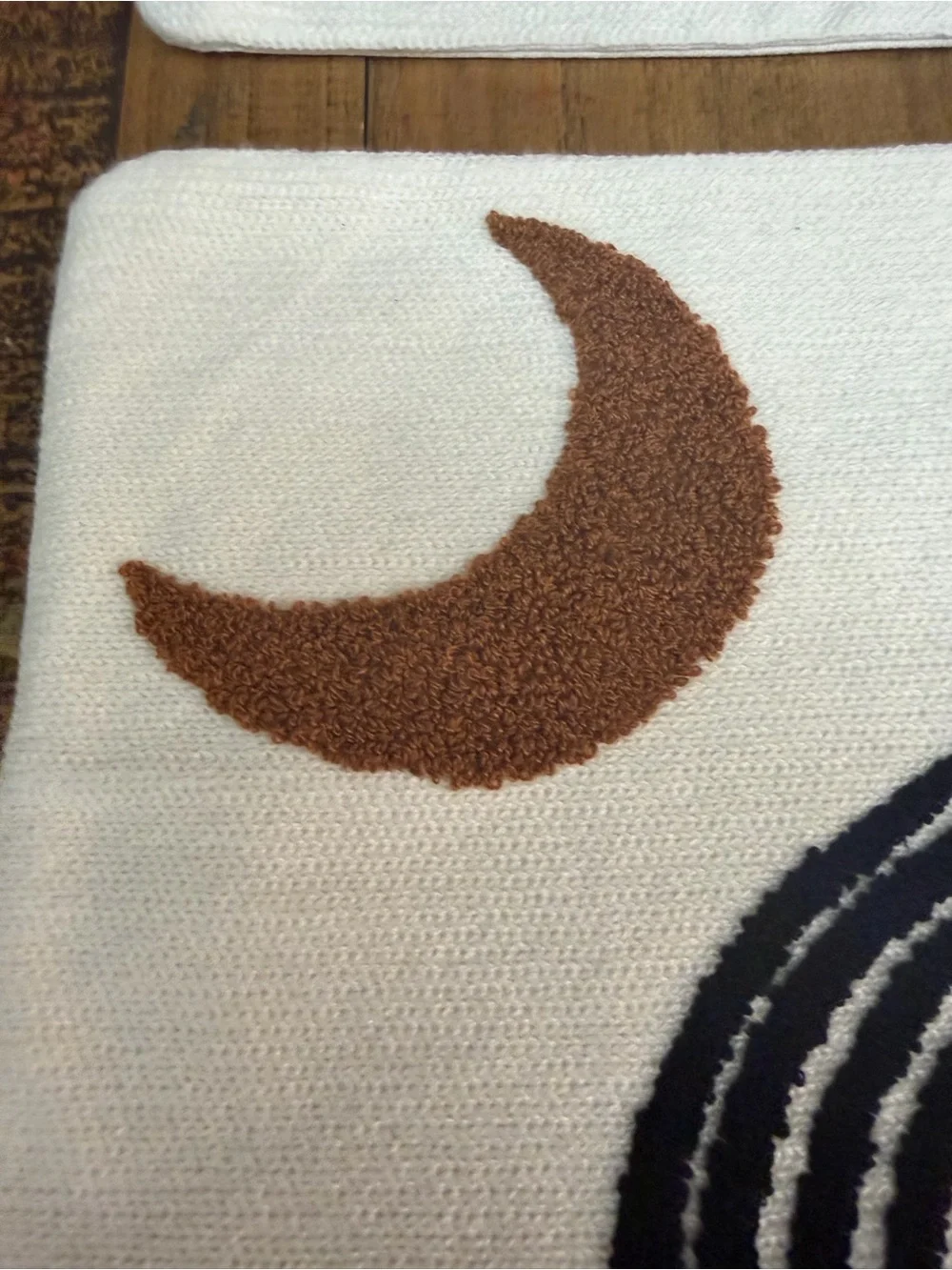 2 White Pillow Covers with Black and Mustard Brown Accent Shapes 18” x 18”